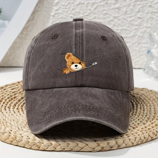 Cartoon Zipper Bear Washed Dad Hat
