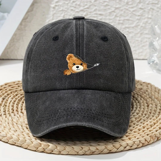 Cartoon Zipper Bear Washed Dad Hat
