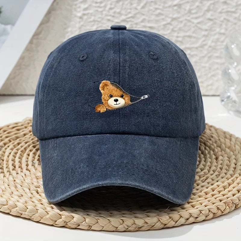 Cartoon Zipper Bear Washed Dad Hat