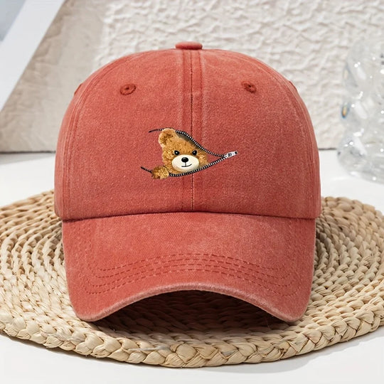 Cartoon Zipper Bear Washed Dad Hat