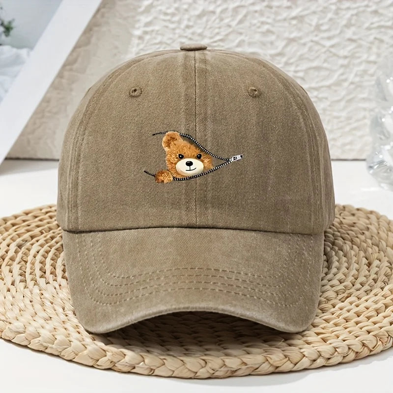 Cartoon Zipper Bear Washed Dad Hat