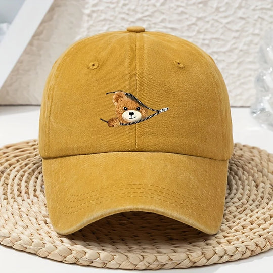 Cartoon Zipper Bear Washed Dad Hat
