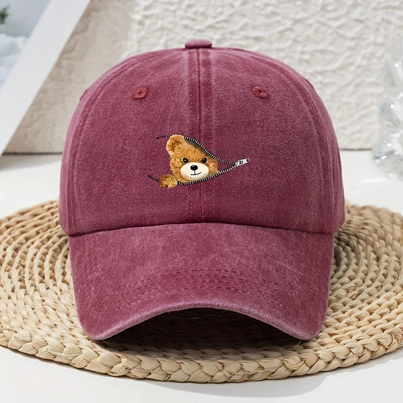 Cartoon Zipper Bear Washed Dad Hat