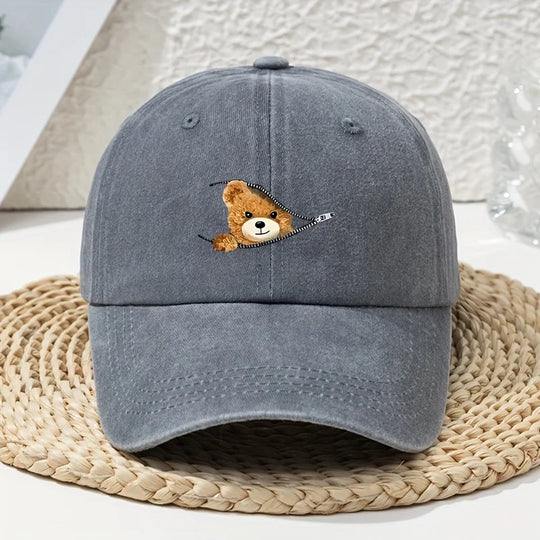 Cartoon Zipper Bear Washed Dad Hat